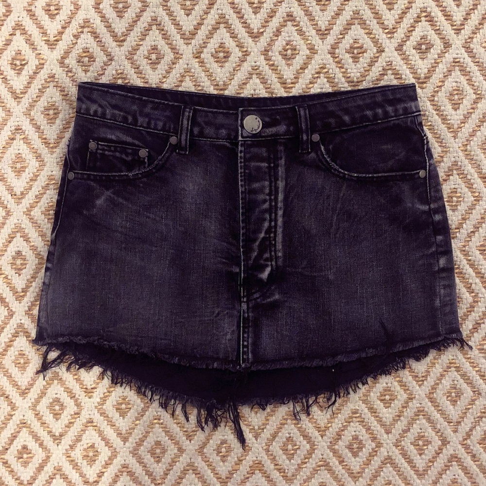 Black jean skirt, fringe and button up